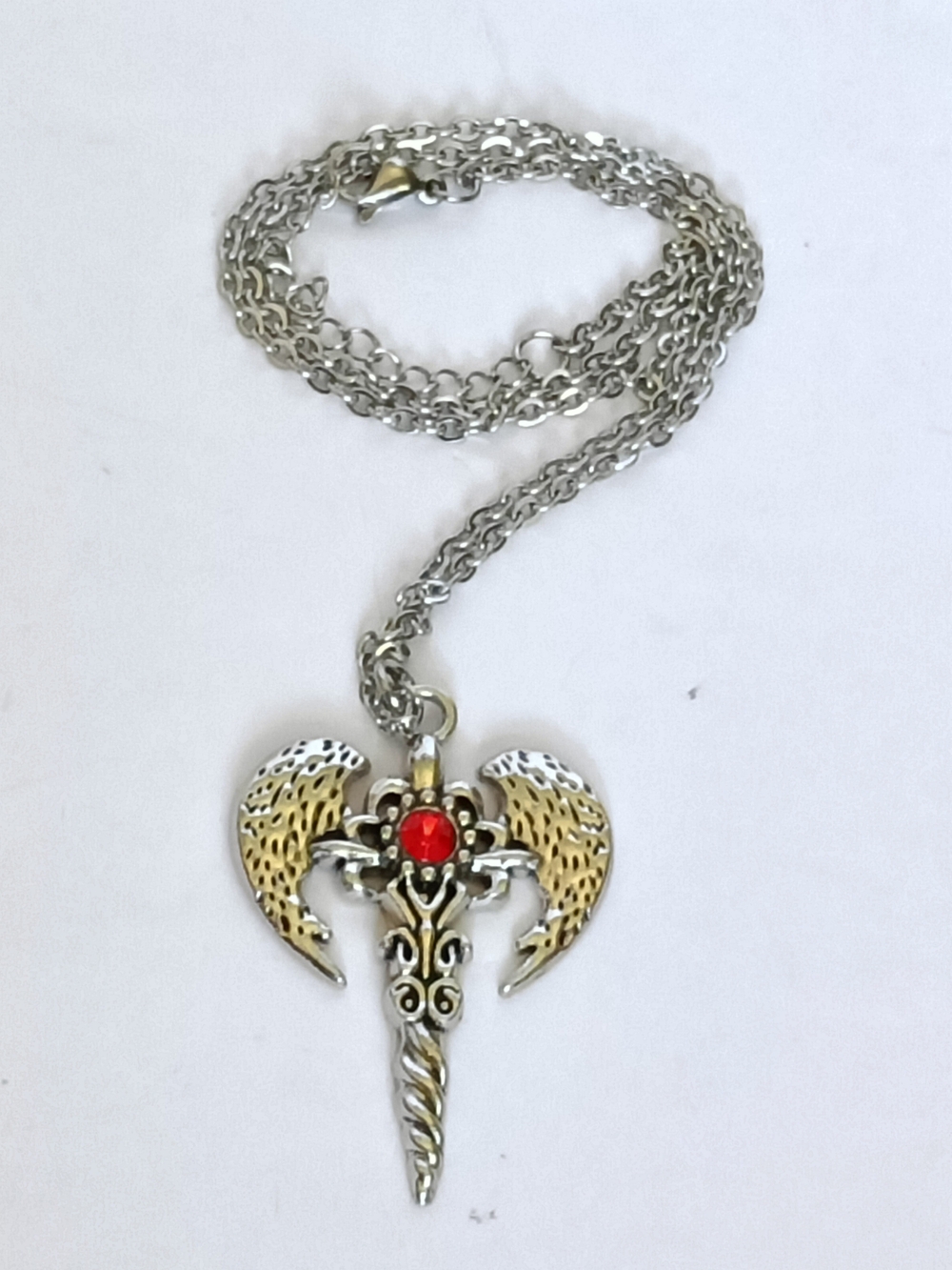Gothic Angel Wing Pendant Necklace Red Gem - Picture 3 of 6